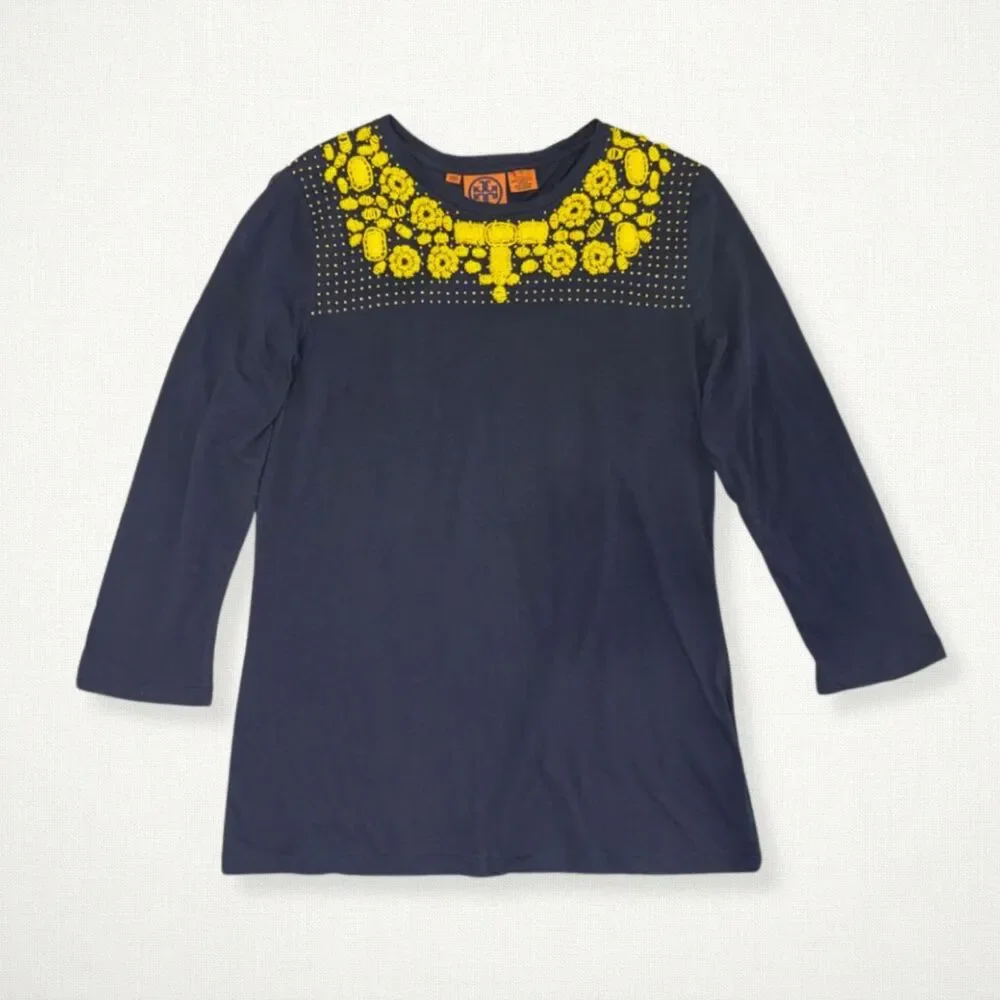 Tory Burch Beaded Embellished Navy Cotton Top Yellow Statement Boho Preppy M